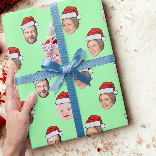 Papel De Presente Custom Face Santa Hat Christmas Gift 3 Photos (Criador carregado)