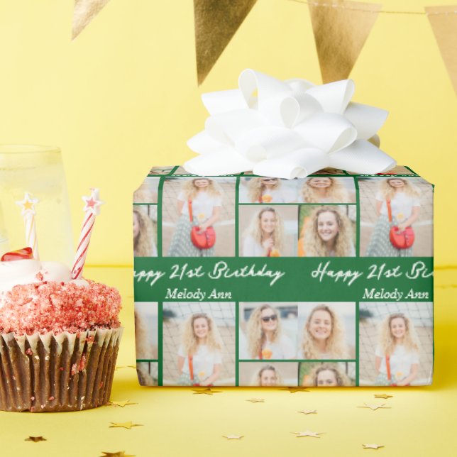 Papel De Presente Custom Green Happy Birthday Photo Collage (Festa de aniversário)