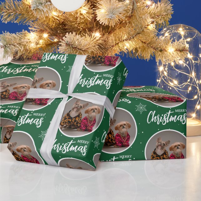 Papel De Presente Custom Green Merry Christmas One Circle Photo (Feriados)