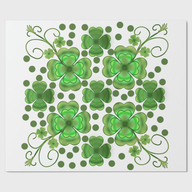 Papel De Presente Custom Metallic Green Clover & Swirl Pattern  (Aberto)