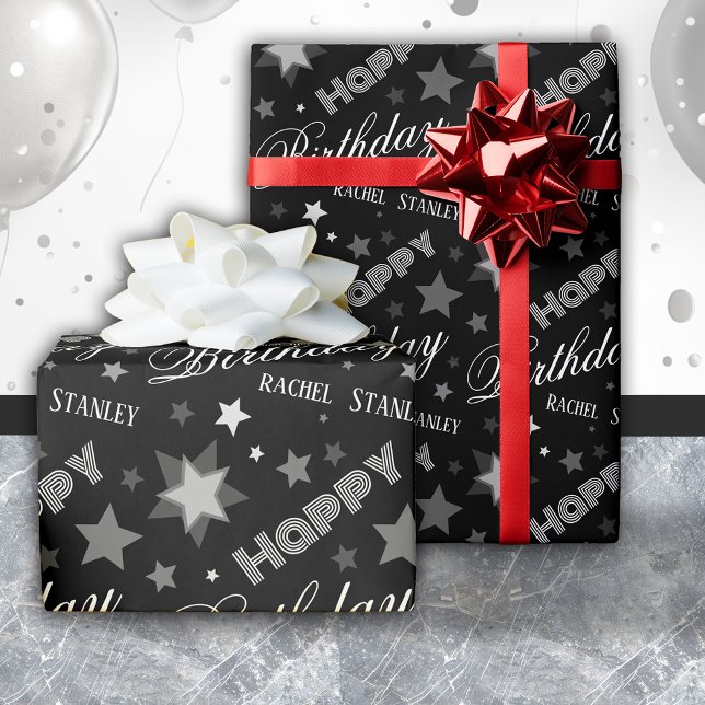 Papel De Presente Custom Name Birthday Modern Script Stars  (Criador carregado)