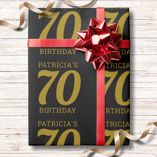 Papel De Presente Custom Name Black And Gold Text 70th Birthday   (Criador carregado)