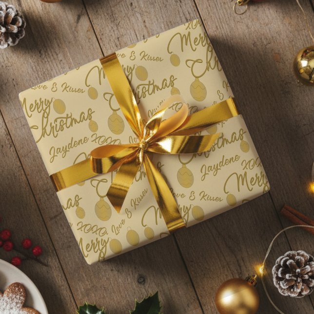 Papel De Presente Custom Name Message Gold Christmas Wrapping Paper (Chic gold writing on cream Christmas Paper that you can customize for the special occasion. )