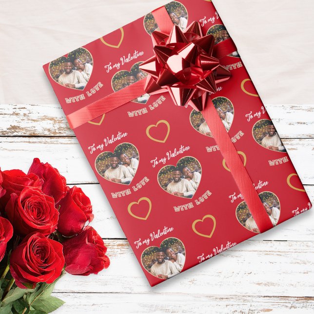 Papel De Presente Custom Photo Hearts Pattern Red Gold Valentine (Gift wrap in red and faux gold with 'To my Valentine with love' words and custom photo hearts)