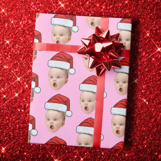 Papel De Presente Custom Pink Christmas Face Photo Santa Hat  (Criador carregado)