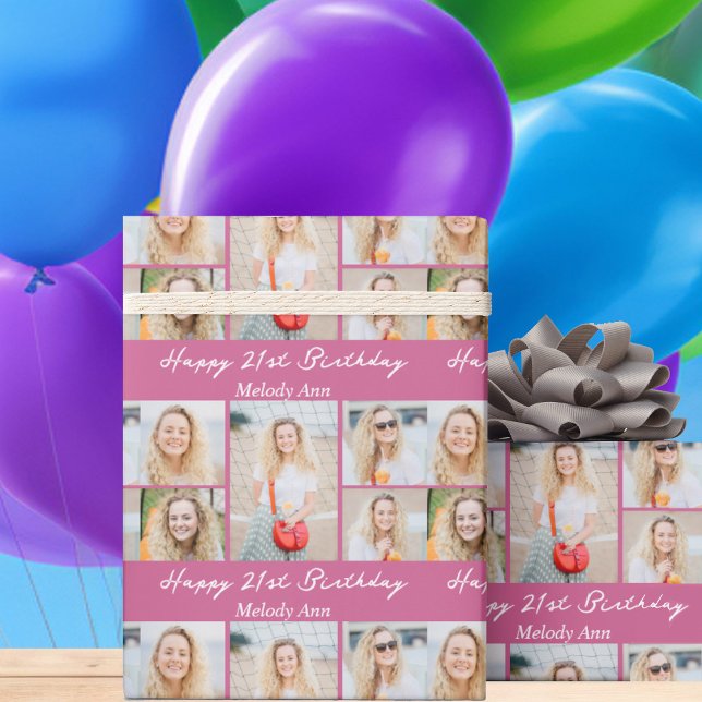 Papel De Presente Custom Pink Happy Birthday Photo Collage (Criador carregado)