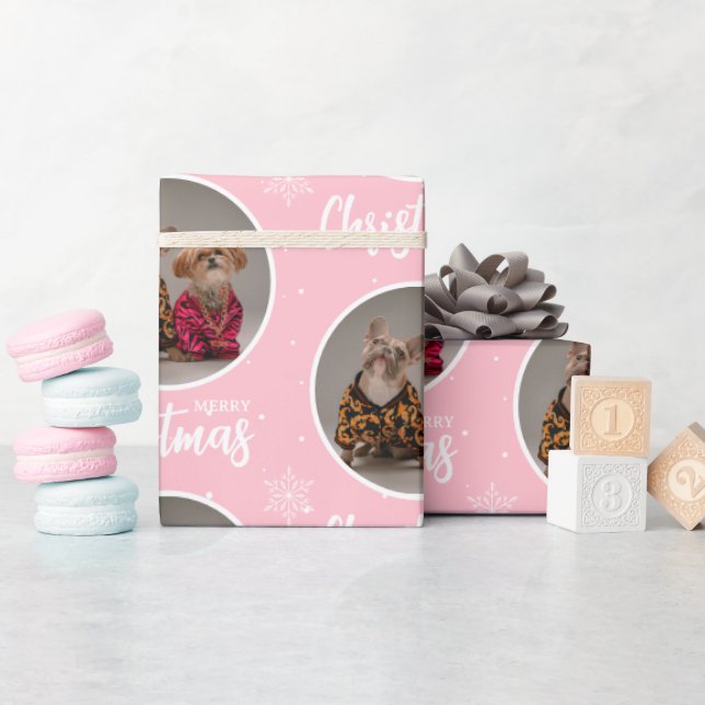 Papel De Presente Custom Pink Merry Christmas One Circle Photo (Chá de bebê)