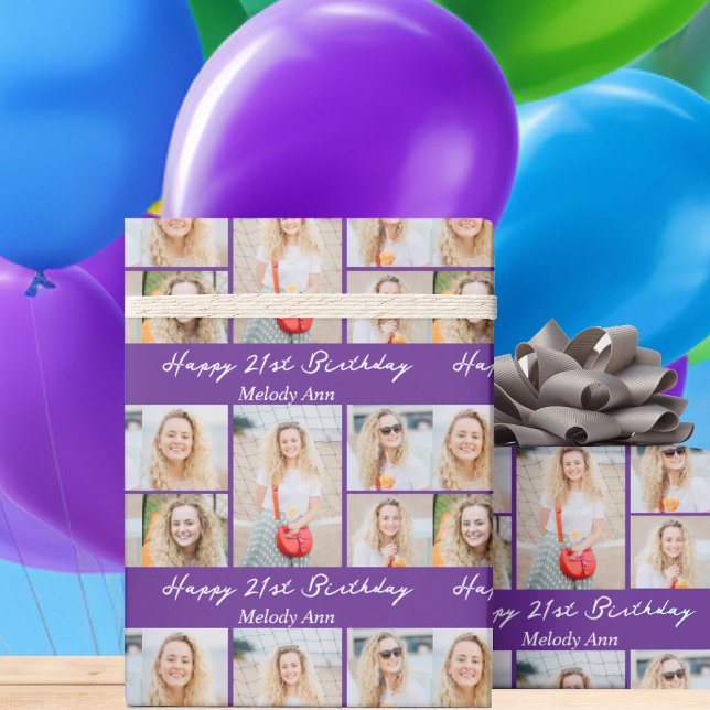 Papel De Presente Custom Purple Happy Birthday Photo Collage (Criador carregado)