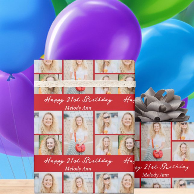 Papel De Presente Custom Red Happy Birthday Photo Collage (Criador carregado)