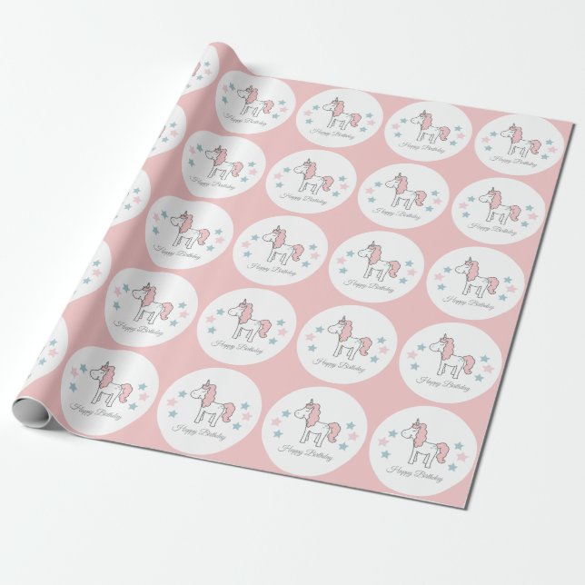Papel De Presente Custom Unicorn Cute Pink Happy Birthday  (Desenrolado)
