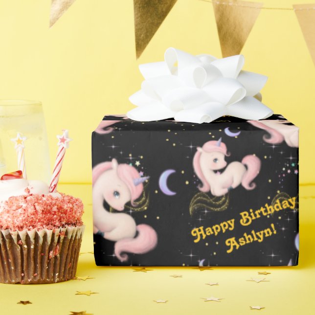 Papel De Presente Custom Whimsical Pink Unicorn Girls Birthday |  (Festa de aniversário)