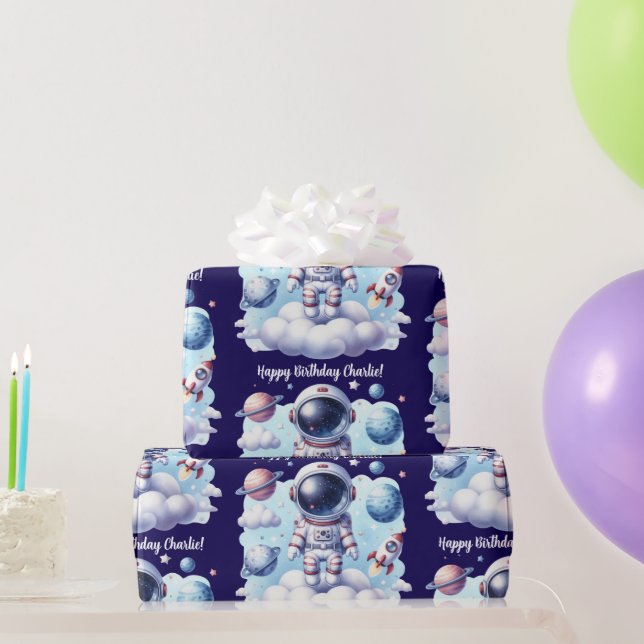 Papel De Presente cute astronaut space Birthday Wrapping Paper (Presentes para festas)