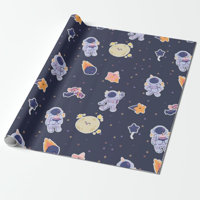Papel De Presente Cute Astronauts and Stars Space (Desenrolado)
