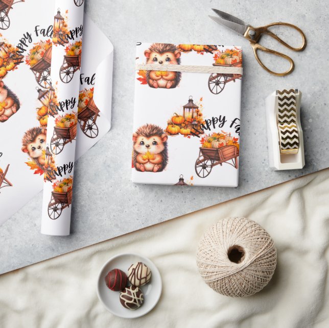 Papel De Presente Cute Autumn Hedgehog with Harvest Ladder Illustrat (Artesanato)