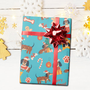 Papel De Presente Cute Azul Turquesa Natal Dachshund Alegre Woofmas