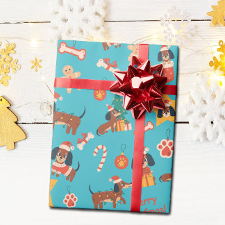 Papel De Presente Cute Azul Turquesa Natal Dachshund Alegre Woofmas