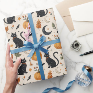 Papel De Presente Cute Black Cat Halloween, Pumpkin & Moon Gift Wrap