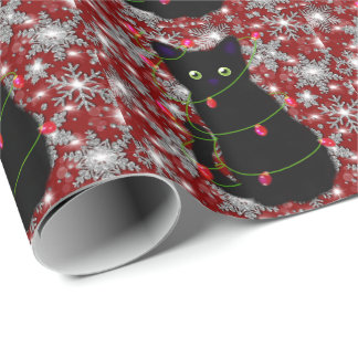 Papel De Presente Cute black cat Meowy Christmas sparkling snowflake