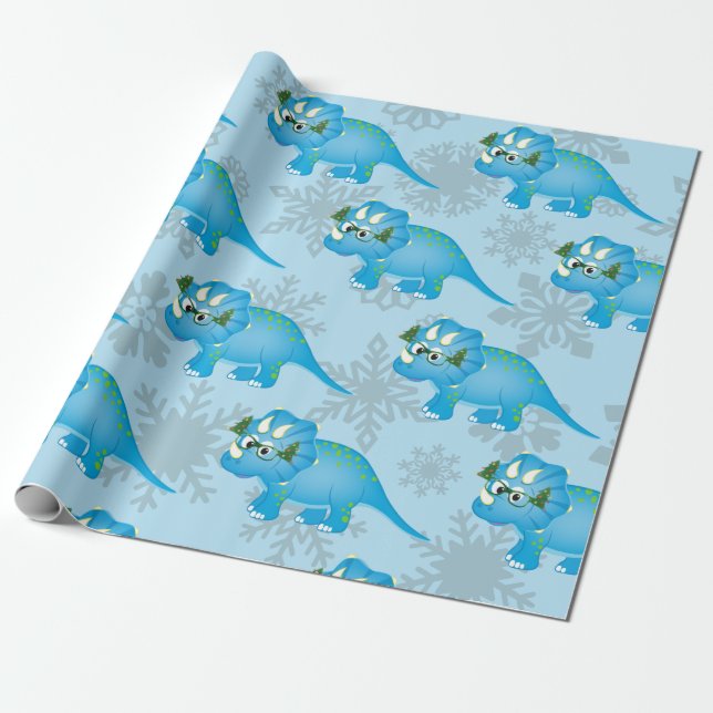 Papel De Presente Cute Blue Triceratops Dinosaur Christmas Kids  (Desenrolado)