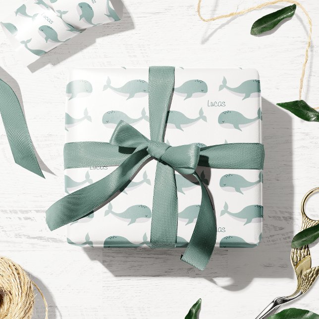 Papel De Presente Cute Blue Whale with Personalized Name Little Kid (Criador carregado)