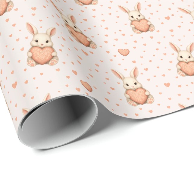 Papel De Presente Cute Bunny Heart Pattern on Soft Blush (Ponta do rolo)