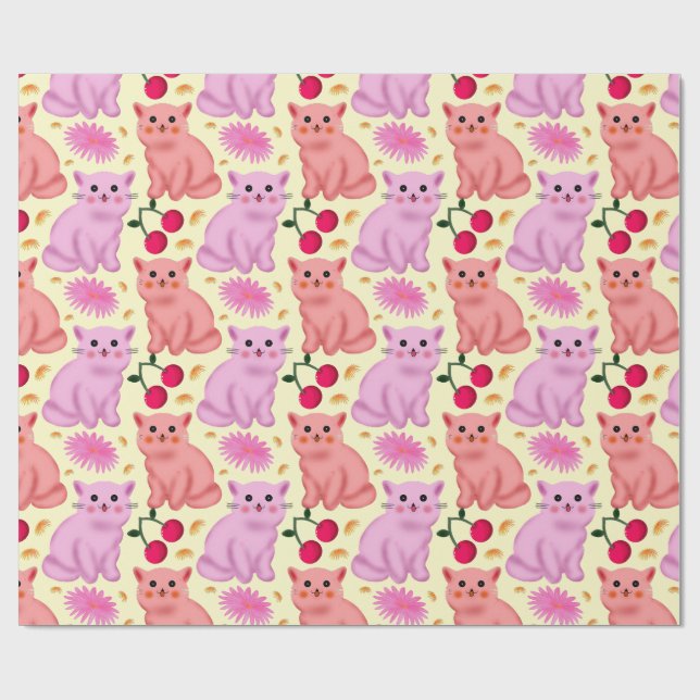 Papel De Presente Cute Cat Cherry Floral Pattern | Kawaii Kitty  (Aberto)