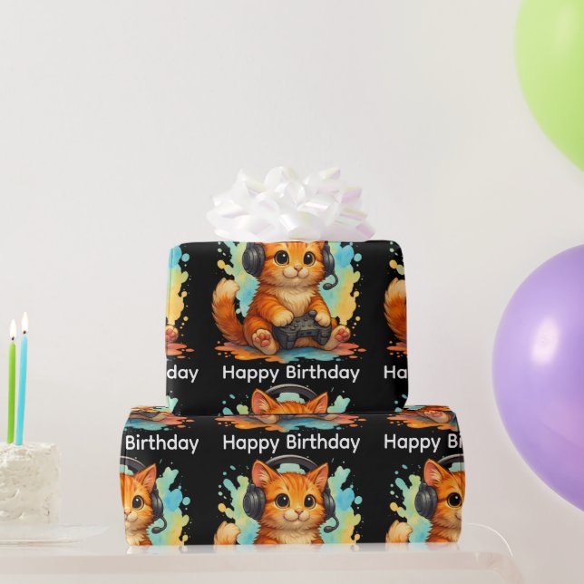 Papel De Presente cute cat gamer birthday gift wrapping paper  (Presentes para festas)