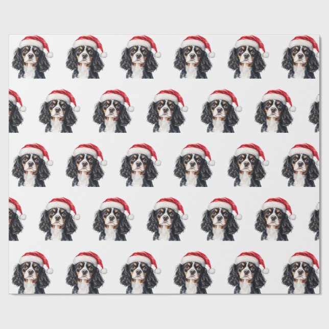 Papel De Presente Cute Cavalier King Charles Spaniel with Santa Hat  (Aberto)