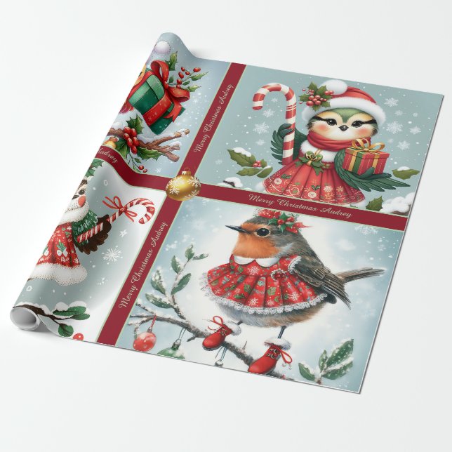 Papel De Presente Cute Christmas Birds Wrapping Paper (Desenrolado)