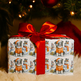 Papel De Presente Cute Christmas Border Collie Dog and Snowman 