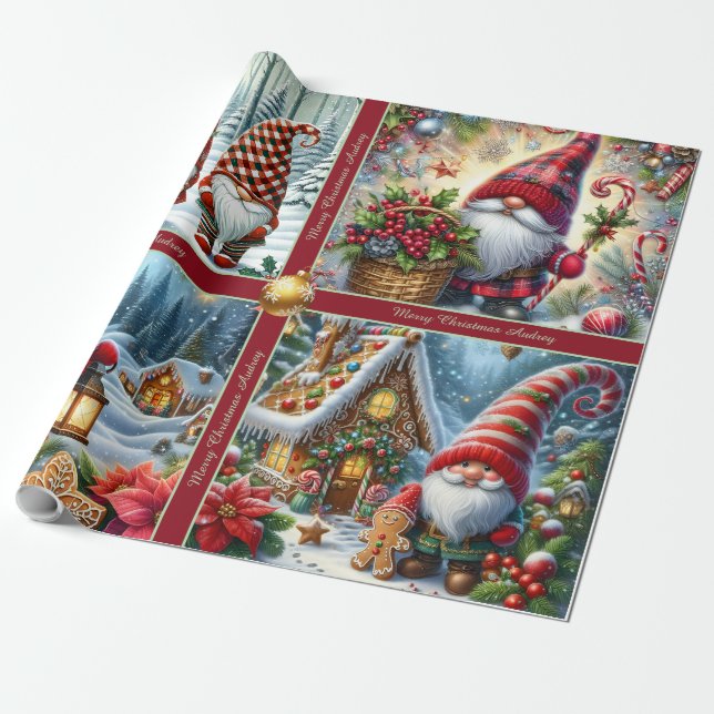 Papel De Presente Cute Christmas Gnomes Wrapping Paper with Text (Desenrolado)