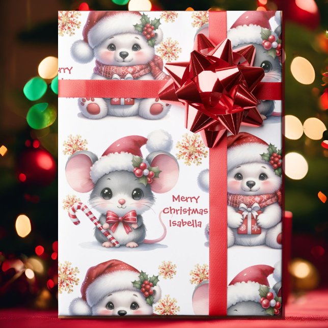 Papel De Presente Cute Christmas Mouse Bear Personalize Name Kids (Criador carregado)