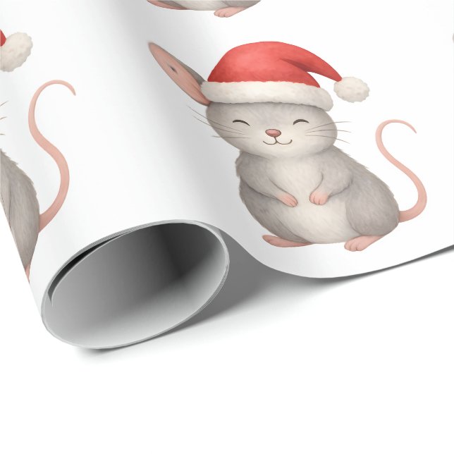 Papel De Presente Cute Christmas Mouse in Santa Hat (Ponta do rolo)