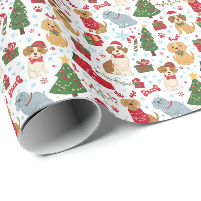 Papel De Presente Cute Christmas Puppies Holiday Wrapping Paper (Ponta do rolo)