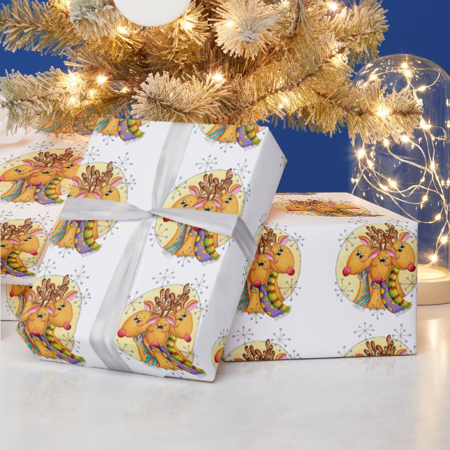 Papel De Presente Cute Christmas Reindeer Wearing Scarves with Stars (Feriados)