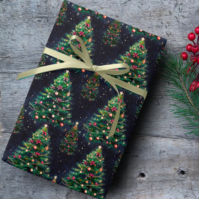 Papel De Presente Cute Coquette Christmas trees dark navy (Criador carregado)