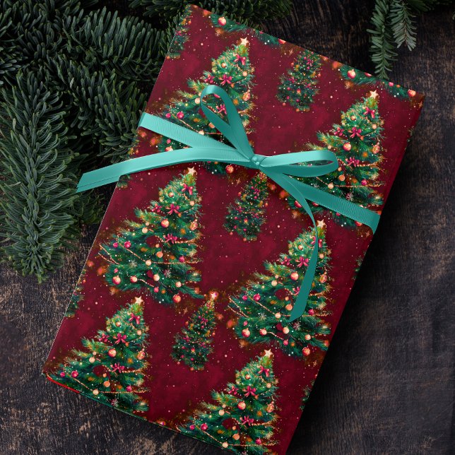 Papel De Presente Cute Coquette Christmas trees dark red (Criador carregado)