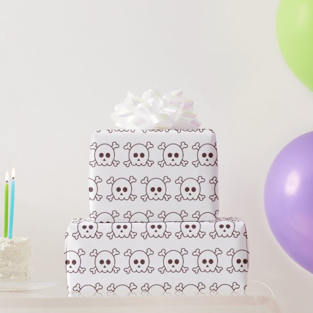 Papel De Presente Cute Crânios Preto e Branco de Halloween (Presentes para festas)
