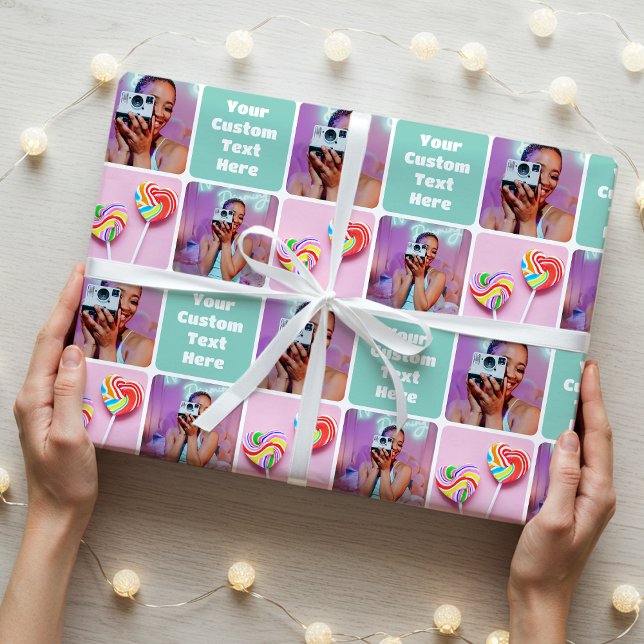 Papel De Presente Cute Custom 3 Photo Modern Retro Green Pattern (Criador carregado)