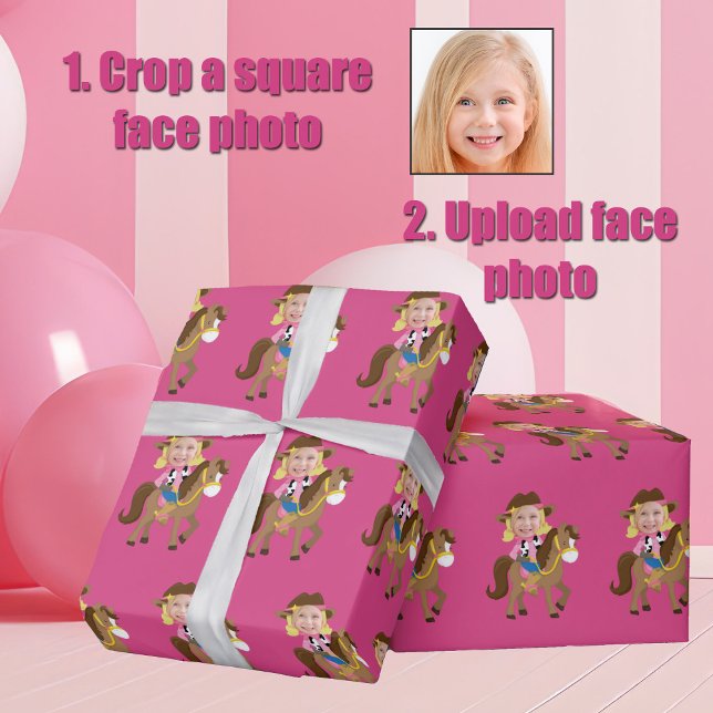 Papel De Presente Cute Custom Cowgirl Blonde Kids Face Photo Pink (Criador carregado)