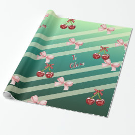 Papel De Presente Cute Customizable Cherries & Pink Bows Birthday