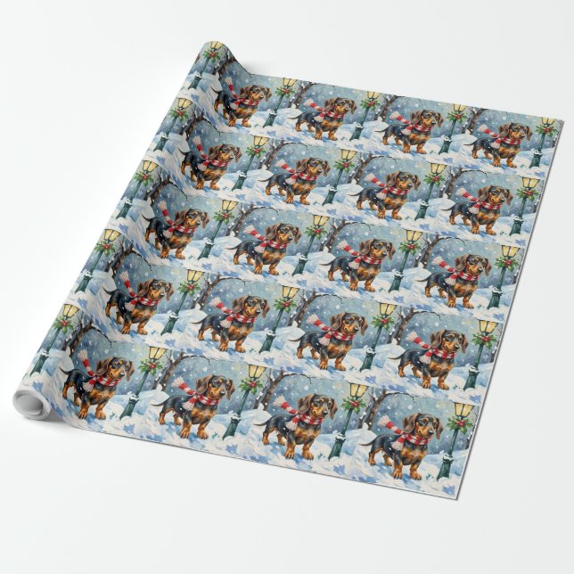 Papel De Presente Cute Dachshund Puppy Cozy Winter Scarf Art (Desenrolado)