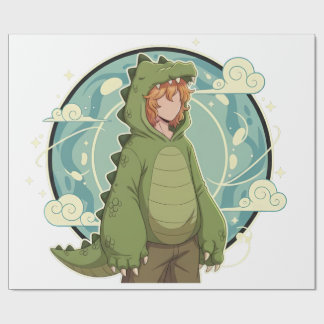 Papel De Presente Cute Dino Friend Anime Boy - Green Dinosaur