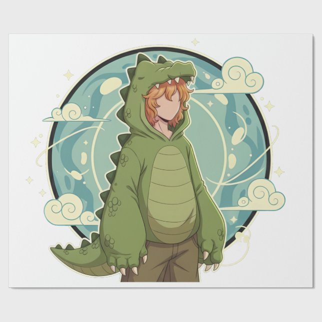 Papel De Presente Cute Dino Friend Anime Boy - Green Dinosaur (Aberto)