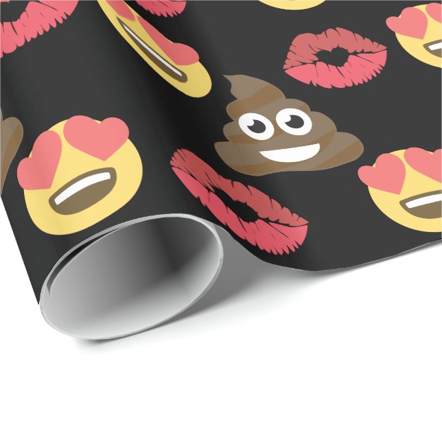 Papel De Presente Cute Emoji apaixonado, Poop emoji e beijos (Ponta do rolo)