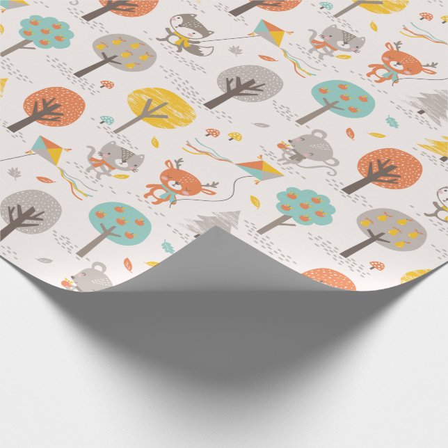 Papel De Presente Cute Fall Forest animals with kites and trees (Ponta)