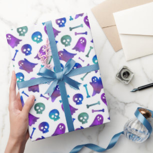 Papel De Presente Cute Fantasma de Halloween Roxo Caveira Azul Assus