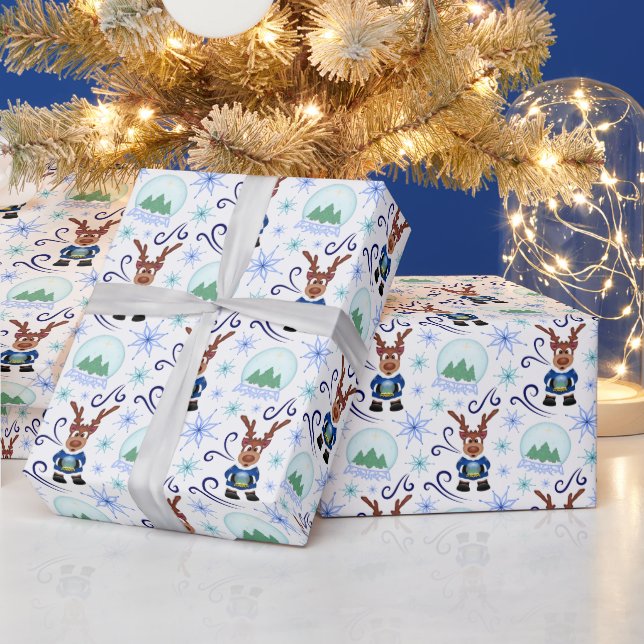 Papel De Presente Cute Festive Blue Christmas Reindeer (Feriados)