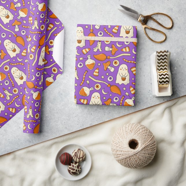 Papel De Presente Cute ghosts Halloween Elegant purple Orang (Artesanato)