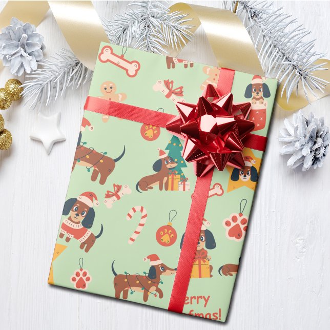 Papel De Presente Cute Green Christmas Dachshund Merry Woofmas (Cute festive Dachshund wrapping paper in green, perfect for Dachshund dog lovers and the pups too!)